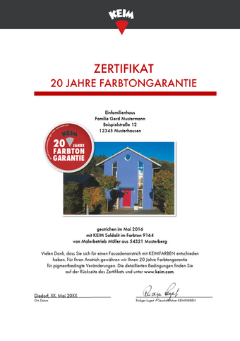 [Translate to German:] Certificate 20-years colour guarantee