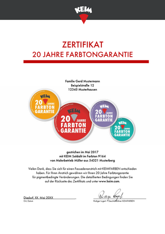 [Translate to German:] Certificate 20-years colour guarantee