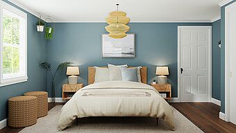 Gemütliches Schlafzimmer mit blauen Wänden