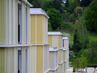 Housing complex in Switzerland with colourful wood facades